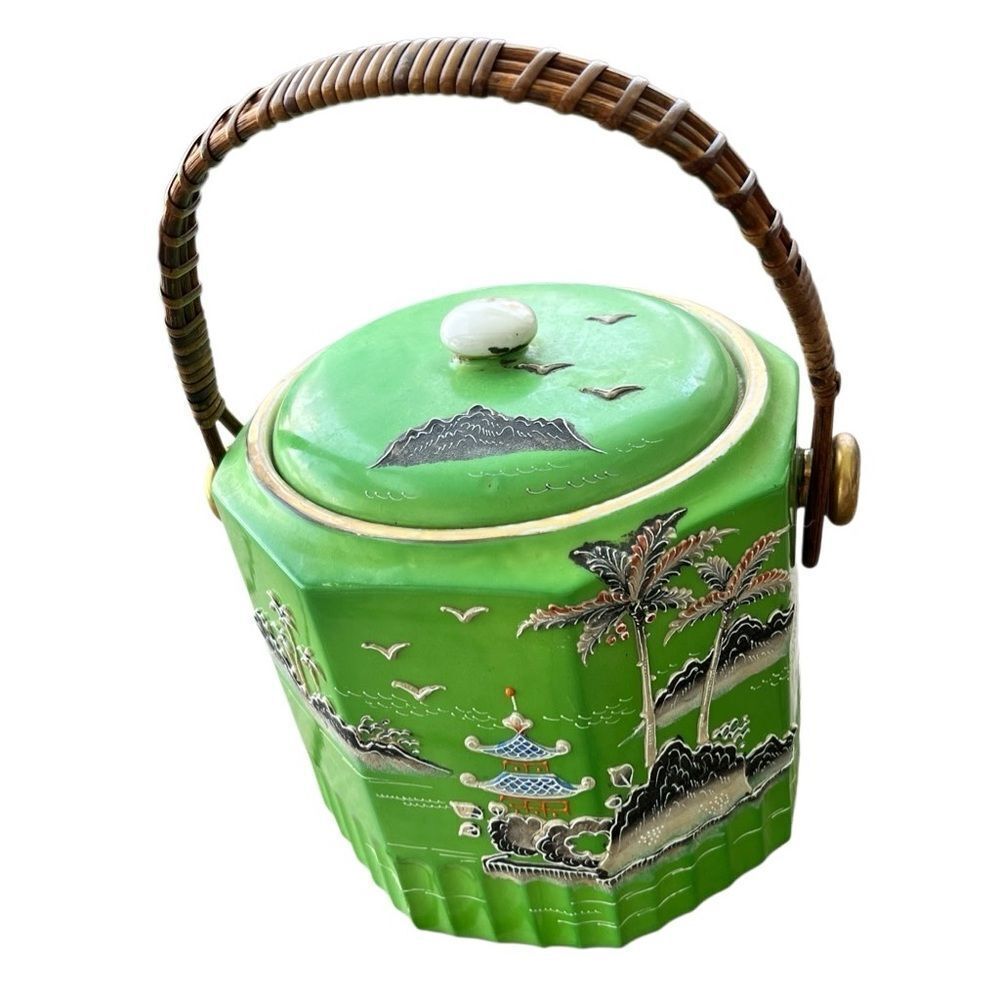 Vintage Japanese Hand-Painted Ceramic Jar with Lid & Handle – Green Pagoda Scene